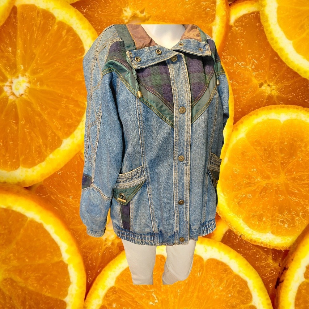 Vintage Current Seen Denim Bomber Jacket Plaid Nylon Trim Blue Small 90s Retro
